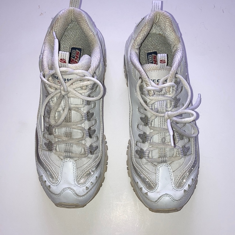 Skechers sport sneakers. White with silver shimmer accents. Size 10
